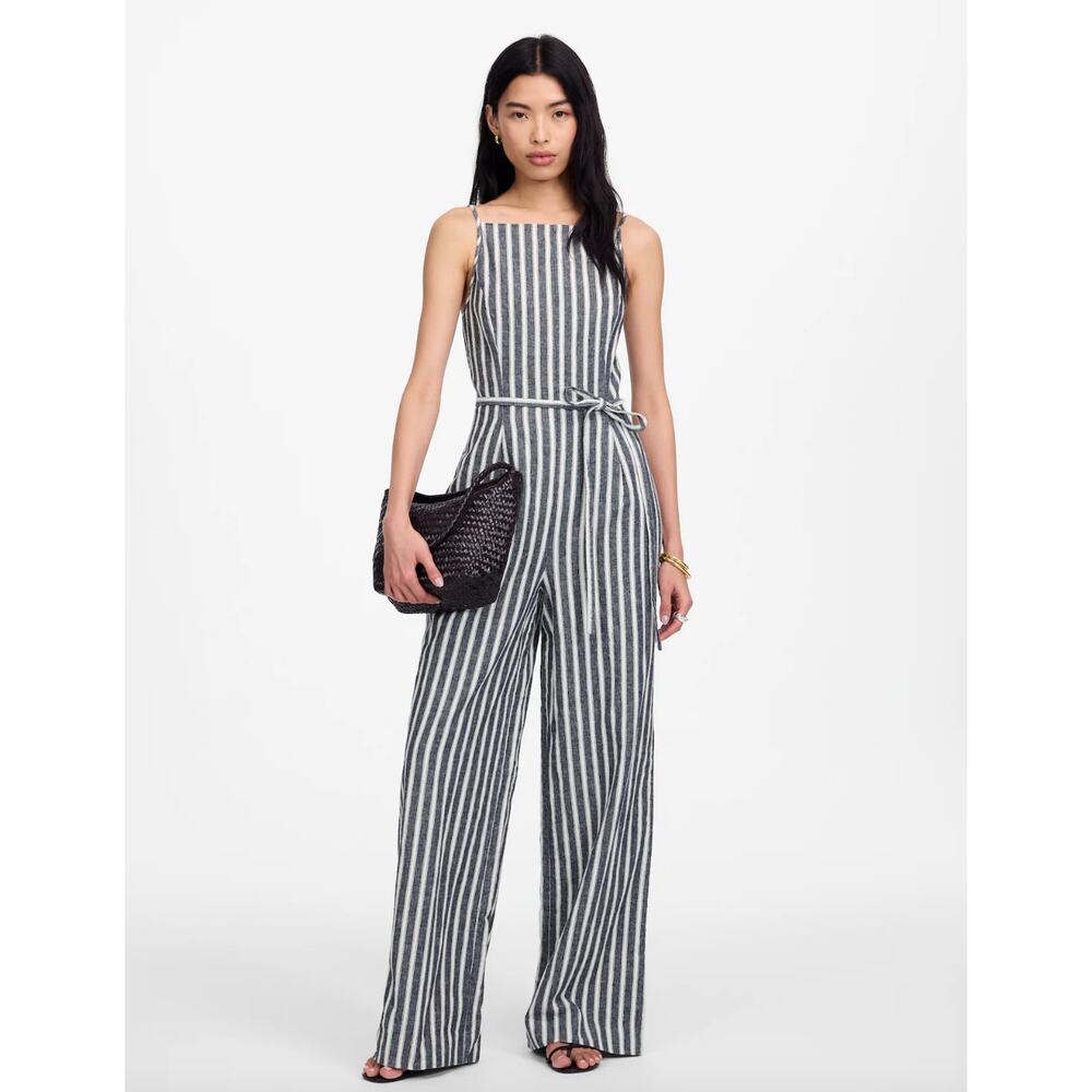 Madewell Pleated Wide Leg Jumpsuit Pinstripe Linen Navy White Resort US 00 NWT